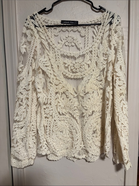 Lookbook Store Tops - Lookbook Store Women's Ivory Lace Long-Sleeve Blouse